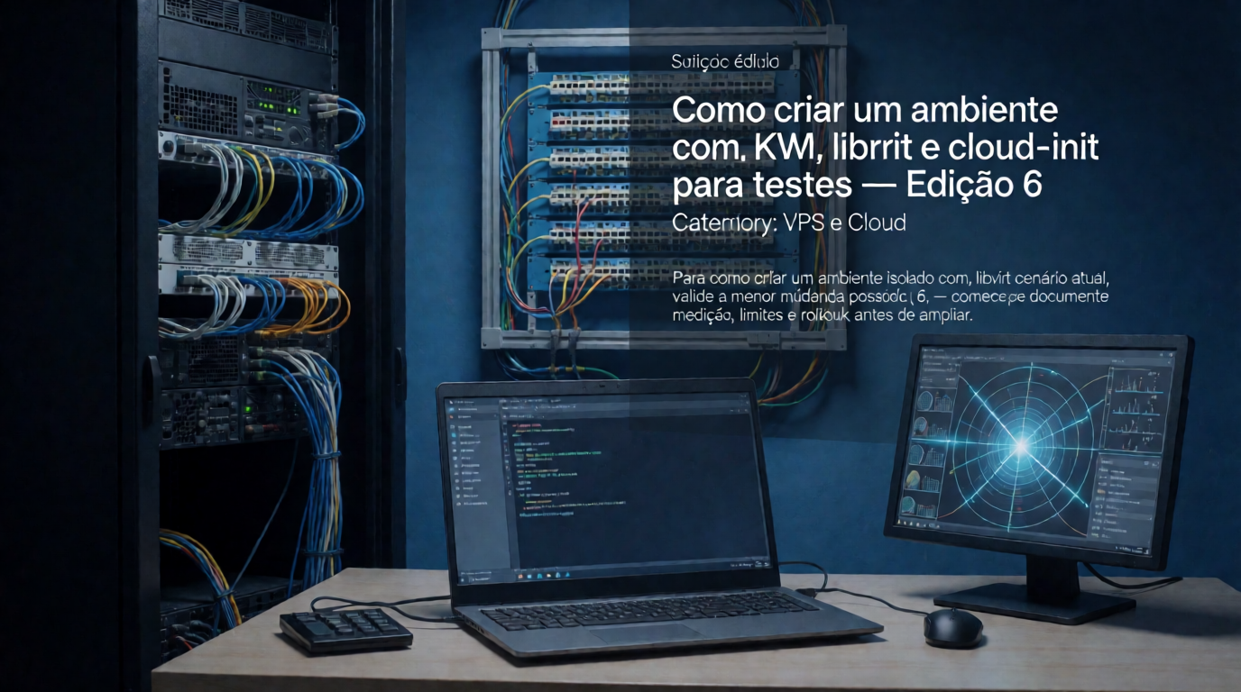 Capa editorial local sobre vps e cloud; tema: Como criar um ambiente isolado com KVM, libvirt e cloud-init para testes — Edição 6