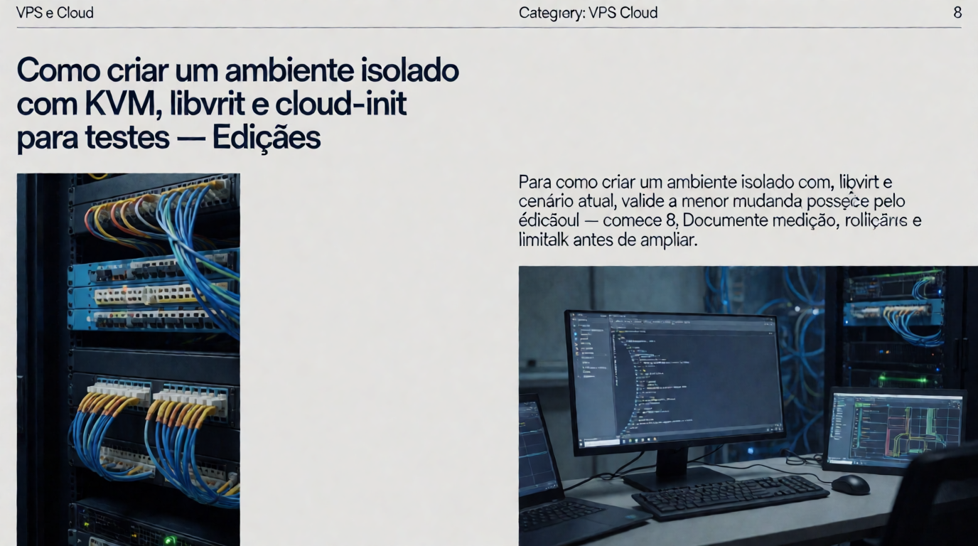 Capa editorial local sobre vps e cloud; tema: Como criar um ambiente isolado com KVM, libvirt e cloud-init para testes — Edição 8