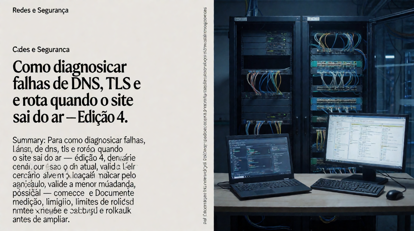 Capa editorial local sobre redes e segurança; tema: Como diagnosticar falhas de DNS, TLS e rota quando o site sai do ar — Edição 4