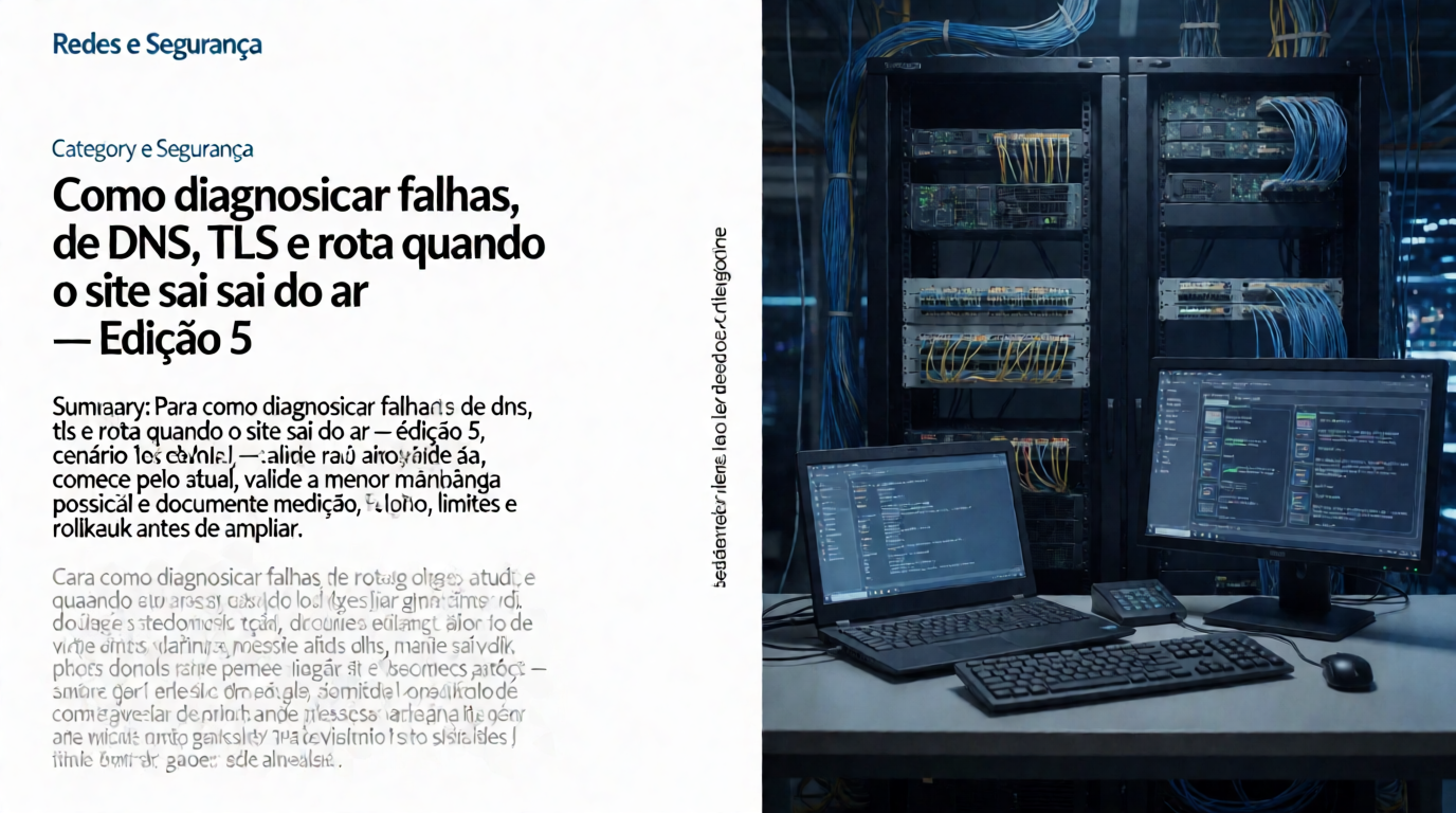 Capa editorial local sobre redes e segurança; tema: Como diagnosticar falhas de DNS, TLS e rota quando o site sai do ar — Edição 5