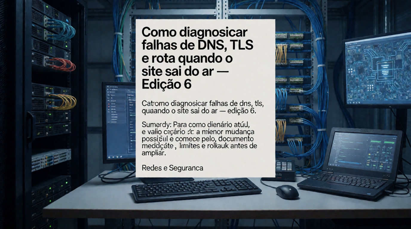 Capa editorial local sobre redes e segurança; tema: Como diagnosticar falhas de DNS, TLS e rota quando o site sai do ar — Edição 6