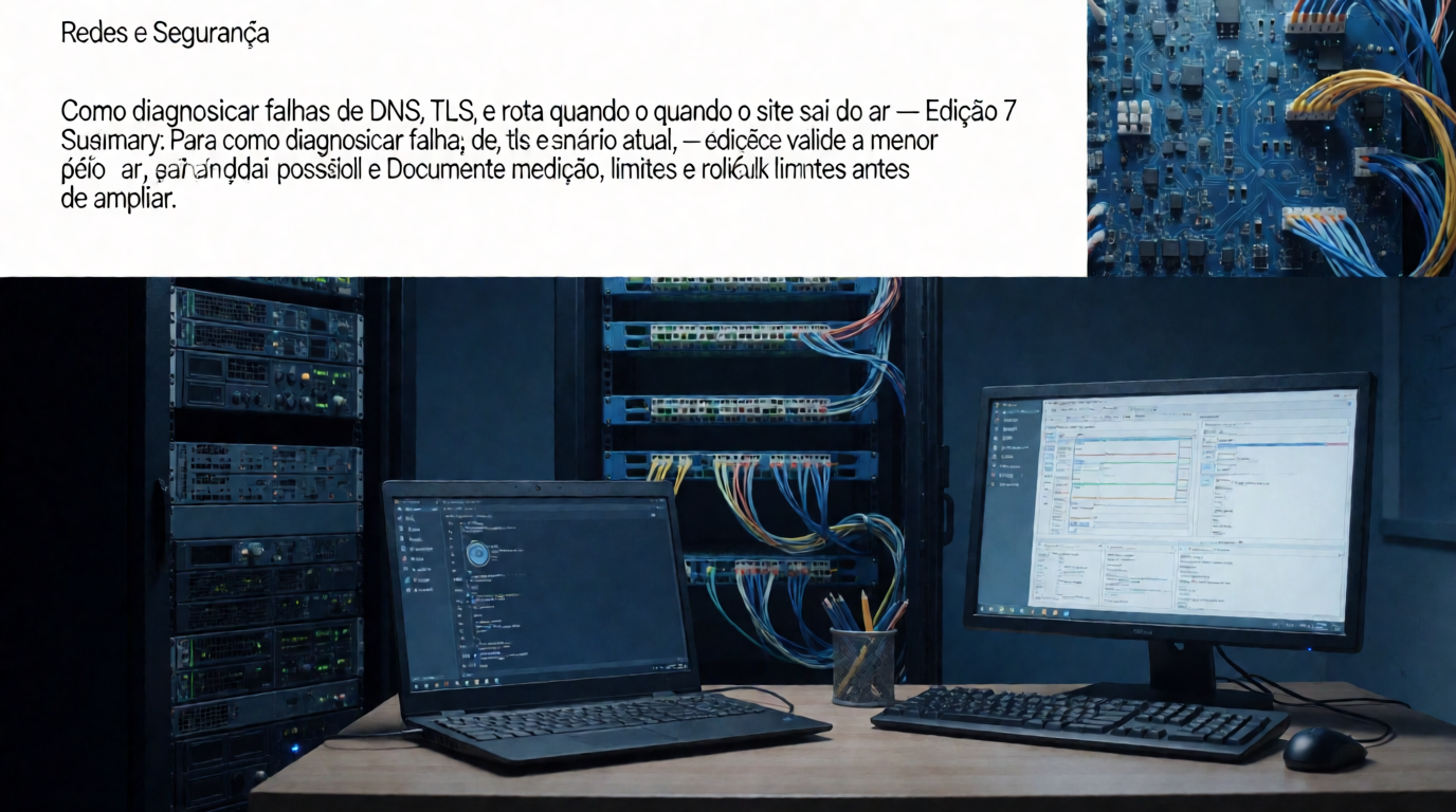 Capa editorial local sobre redes e segurança; tema: Como diagnosticar falhas de DNS, TLS e rota quando o site sai do ar — Edição 7