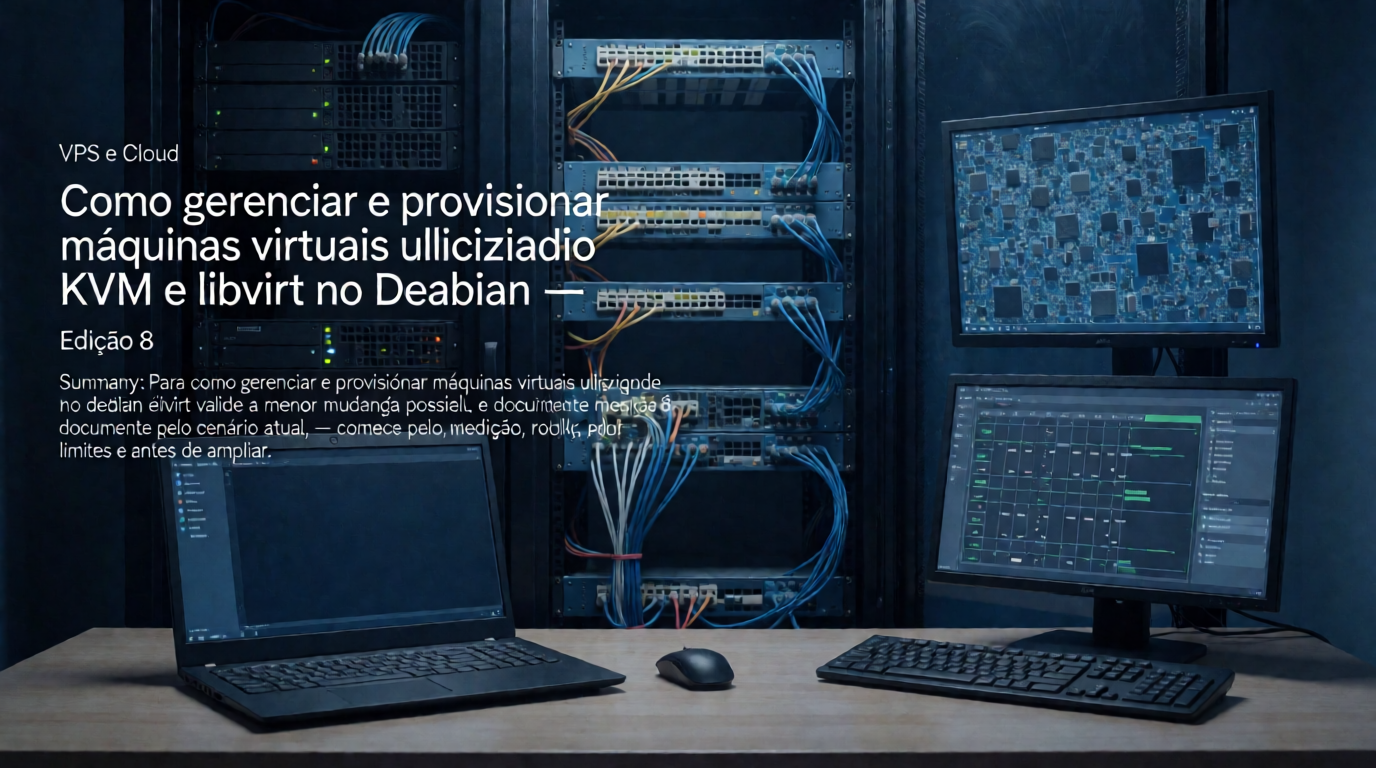 Capa editorial local sobre vps e cloud; tema: Como gerenciar e provisionar máquinas virtuais utilizando KVM e libvirt no Debian — Edição 8