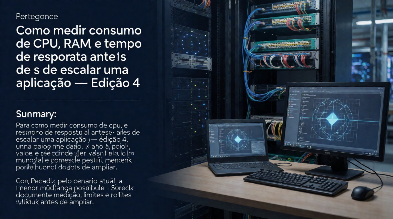 Capa editorial local sobre performance; tema: Como medir consumo de CPU, RAM e tempo de resposta antes de escalar uma aplicação — Edição 4