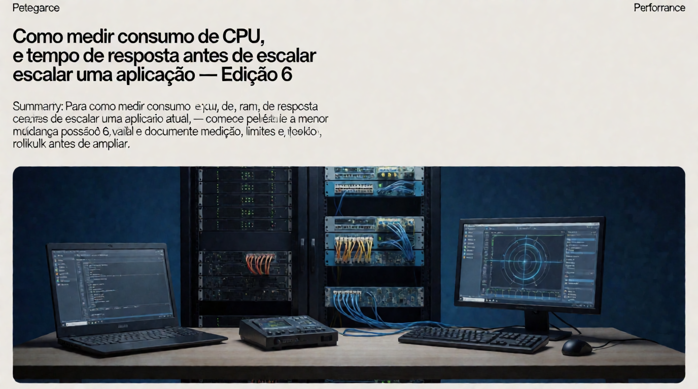 Capa editorial local sobre performance; tema: Como medir consumo de CPU, RAM e tempo de resposta antes de escalar uma aplicação — Edição 6