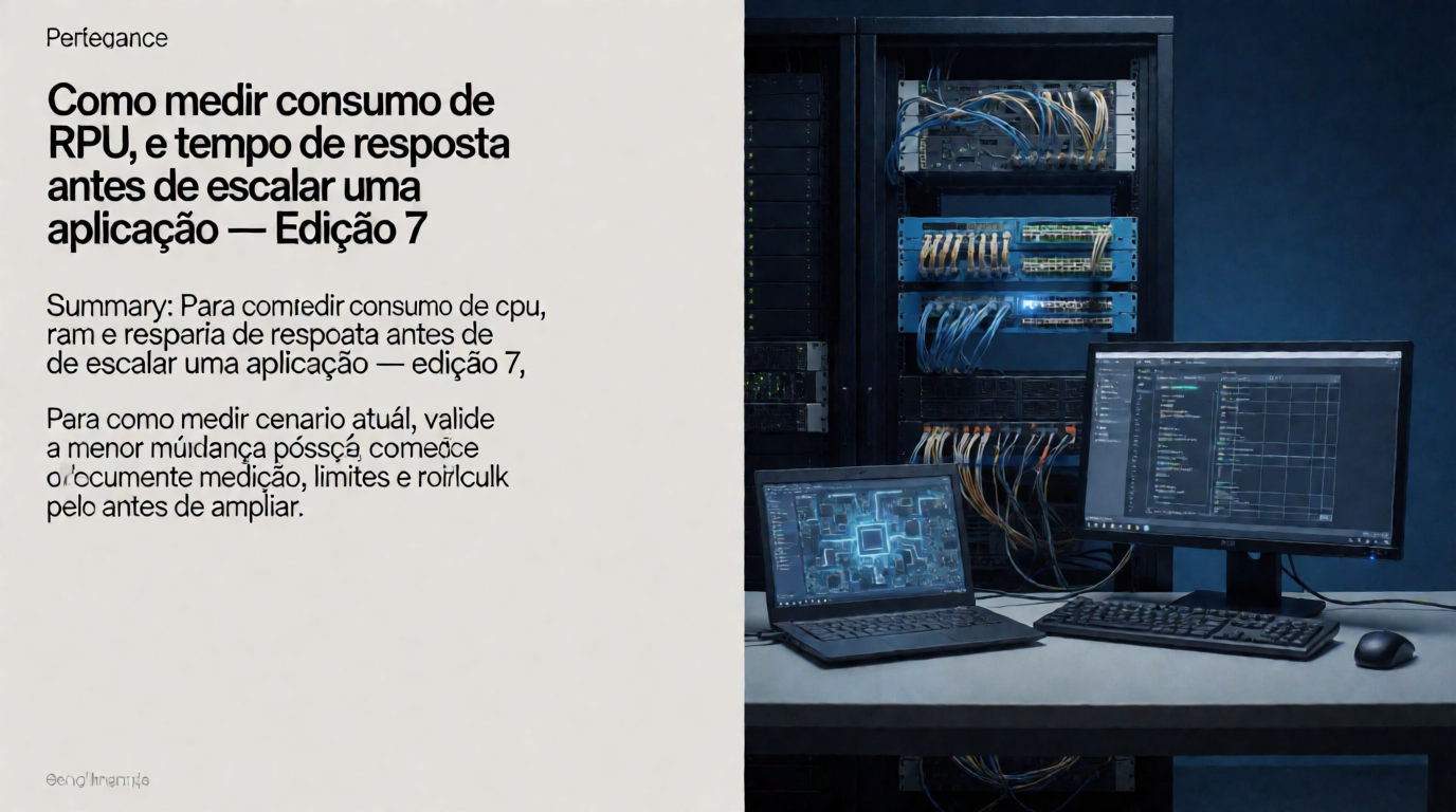 Capa editorial local sobre performance; tema: Como medir consumo de CPU, RAM e tempo de resposta antes de escalar uma aplicação — Edição 7