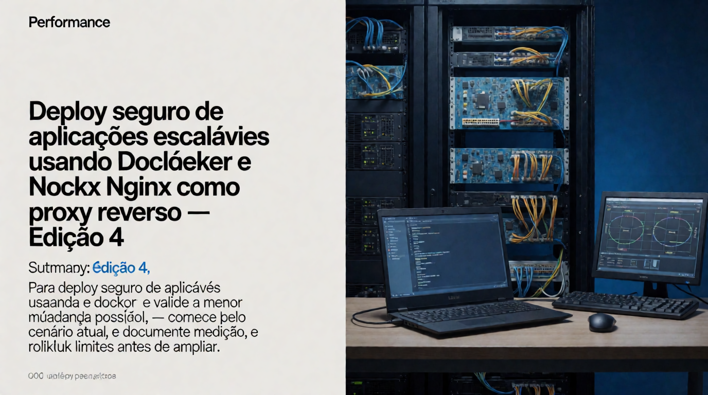 Capa editorial local sobre performance; tema: Deploy seguro de aplicações escaláveis usando Docker e Nginx como proxy reverso — Edição 4