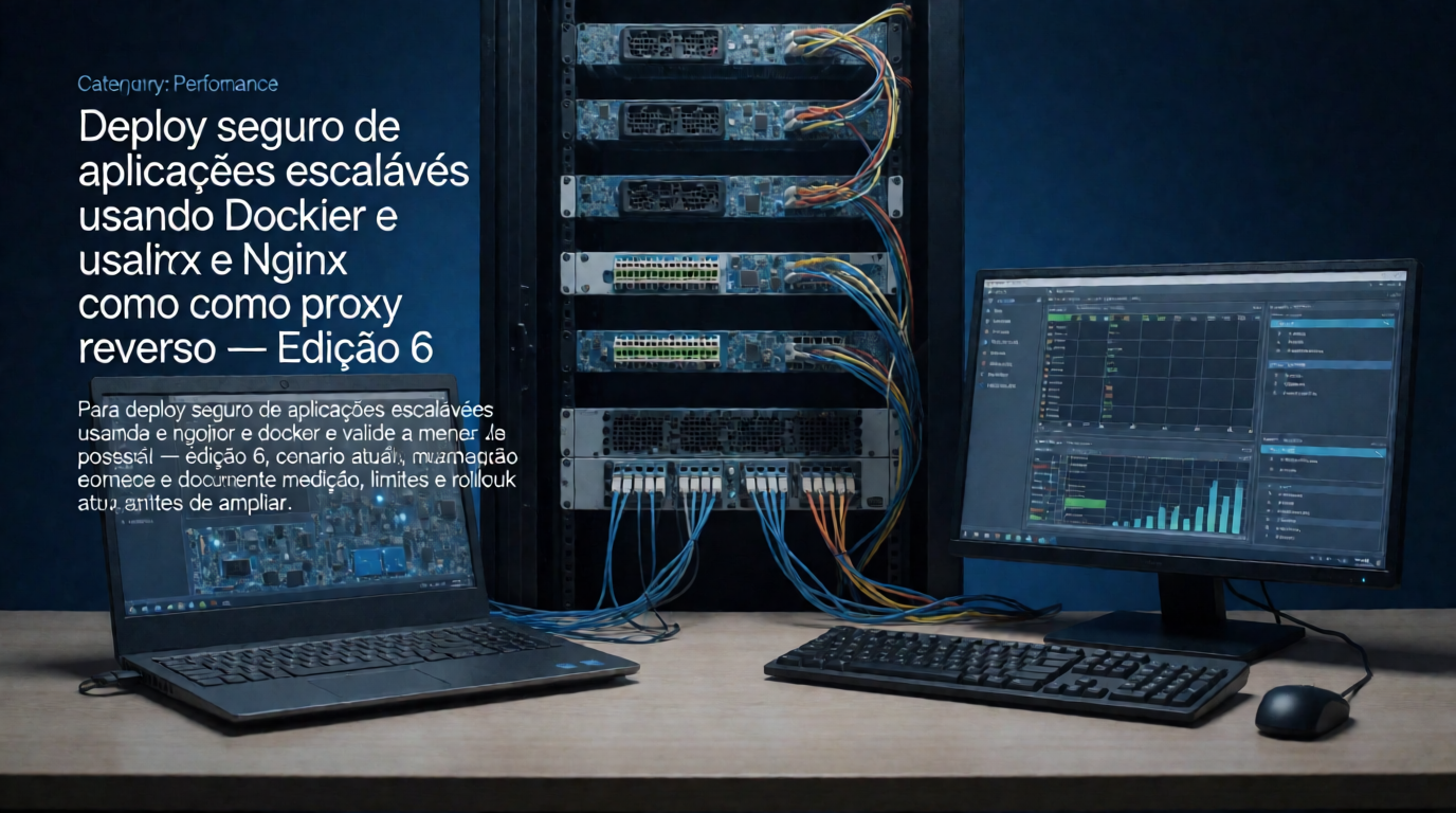 Capa editorial local sobre performance; tema: Deploy seguro de aplicações escaláveis usando Docker e Nginx como proxy reverso — Edição 6