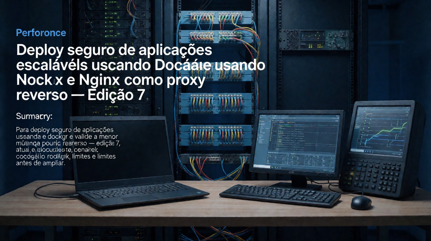 Capa editorial local sobre performance; tema: Deploy seguro de aplicações escaláveis usando Docker e Nginx como proxy reverso — Edição 7