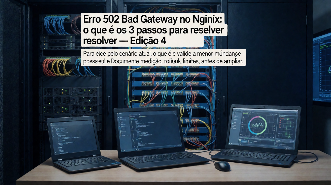 Capa editorial local sobre redes e segurança; tema: Erro 502 Bad Gateway no Nginx: o que é e os 3 passos para resolver — Edição 4