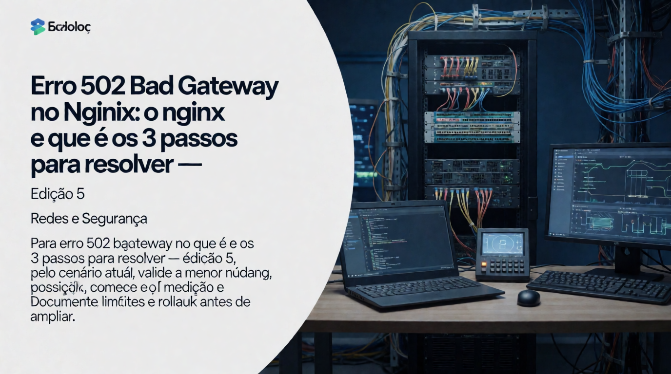 Capa editorial local sobre redes e segurança; tema: Erro 502 Bad Gateway no Nginx: o que é e os 3 passos para resolver — Edição 5