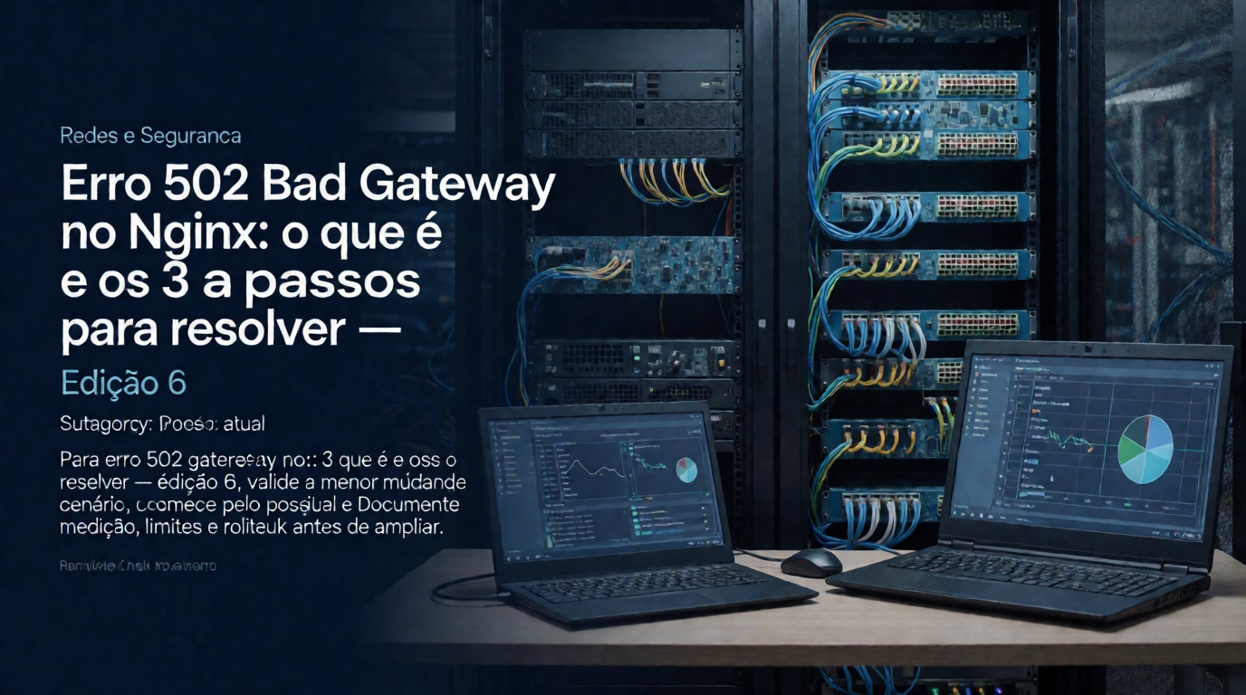 Capa editorial local sobre redes e segurança; tema: Erro 502 Bad Gateway no Nginx: o que é e os 3 passos para resolver — Edição 6