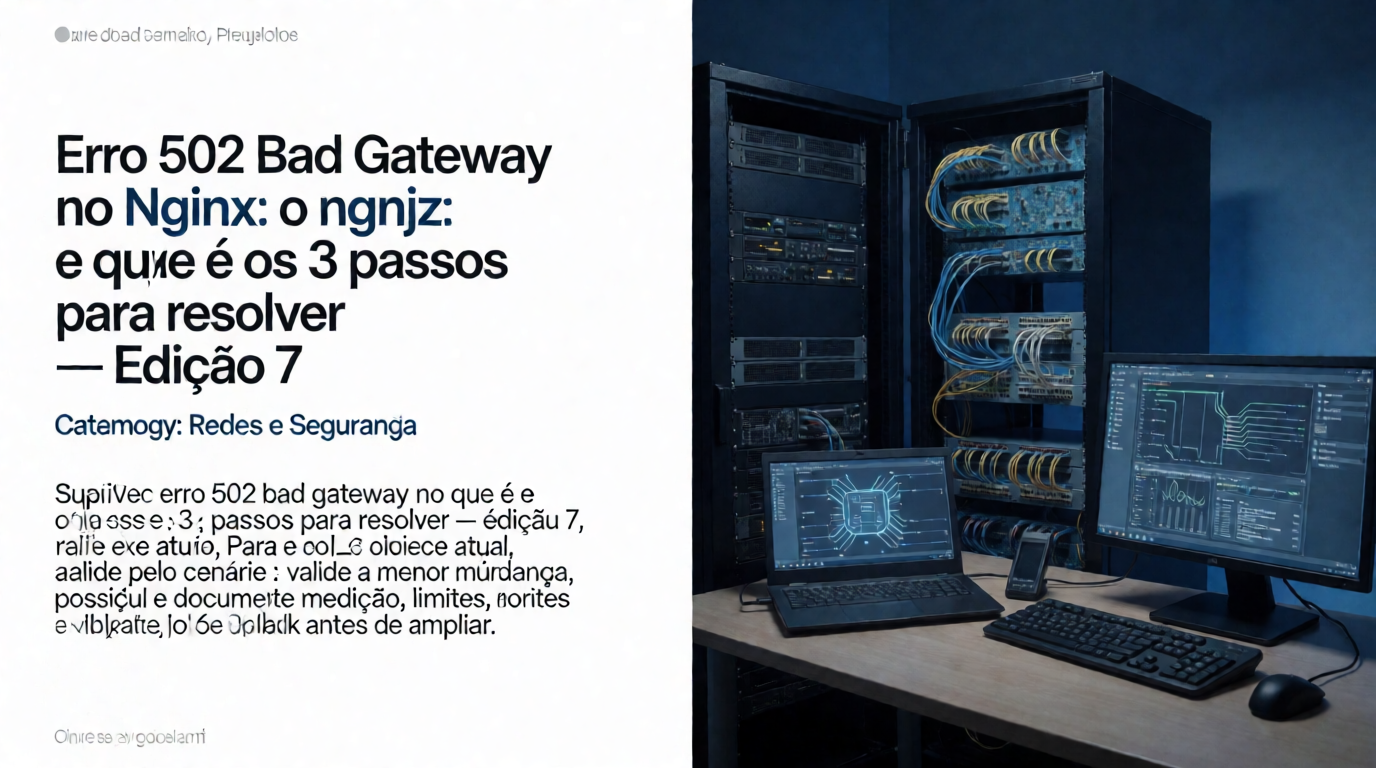 Capa editorial local sobre redes e segurança; tema: Erro 502 Bad Gateway no Nginx: o que é e os 3 passos para resolver — Edição 7
