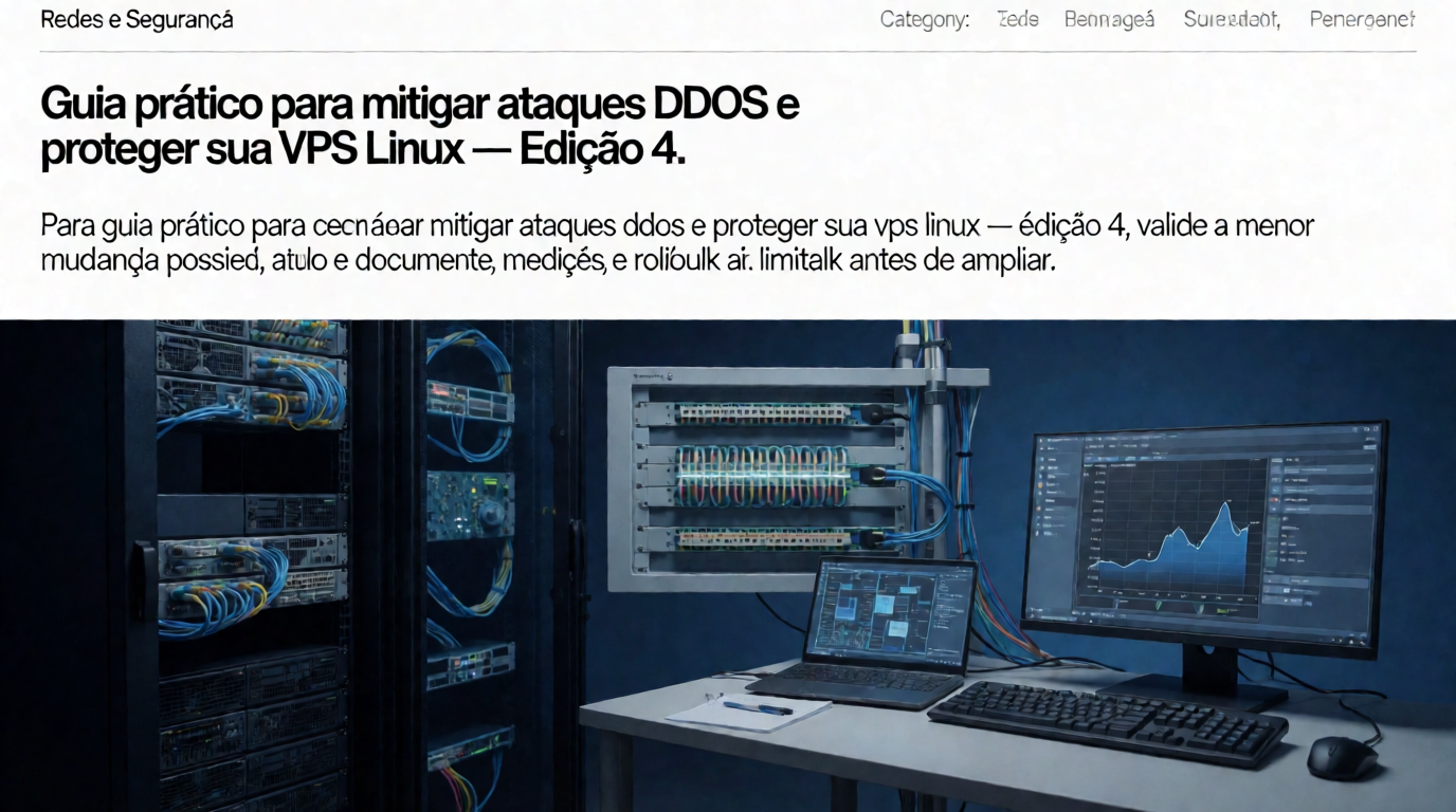 Capa editorial local sobre redes e segurança; tema: Guia prático para mitigar ataques DDoS e proteger sua VPS Linux — Edição 4