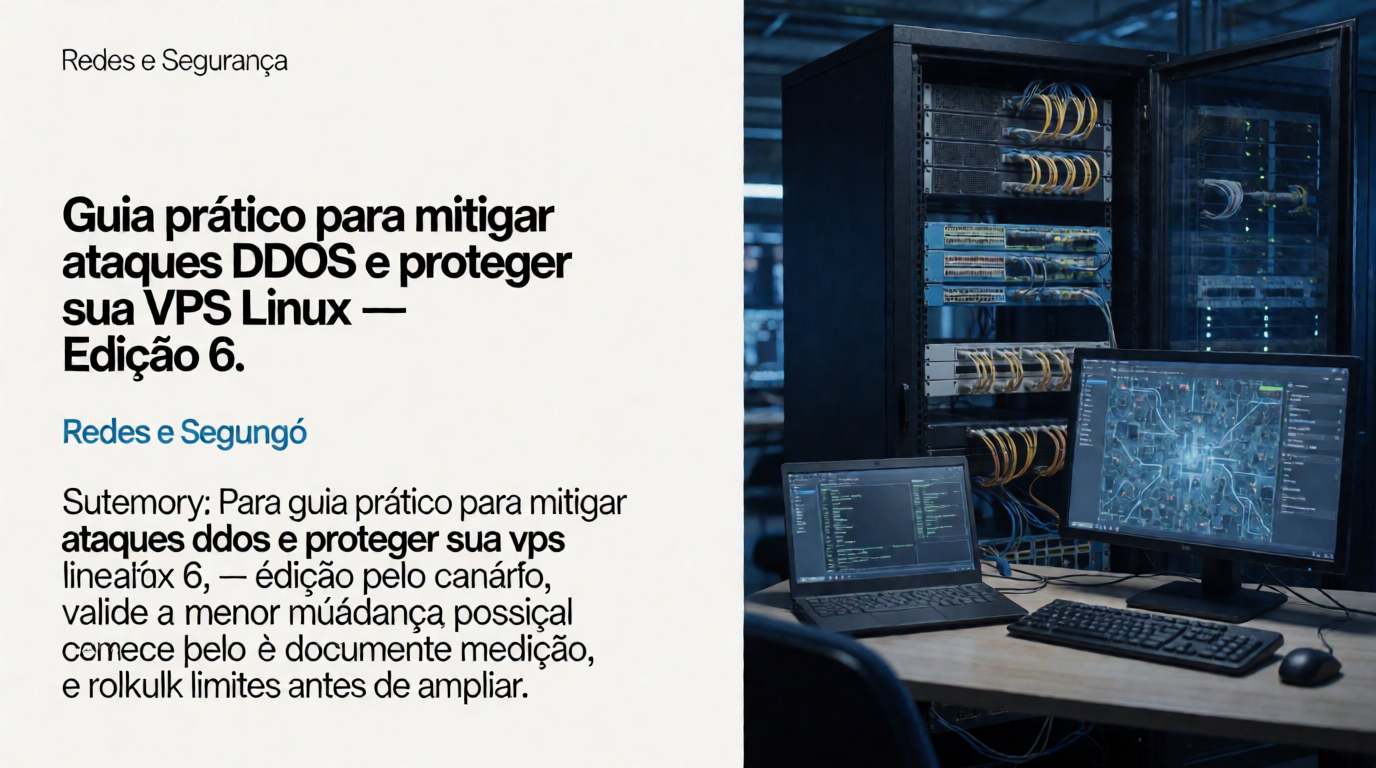 Capa editorial local sobre redes e segurança; tema: Guia prático para mitigar ataques DDoS e proteger sua VPS Linux — Edição 6