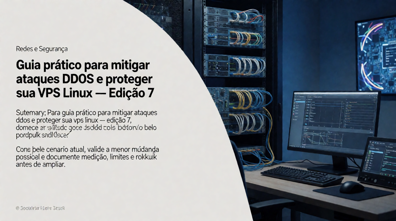 Capa editorial local sobre redes e segurança; tema: Guia prático para mitigar ataques DDoS e proteger sua VPS Linux — Edição 7