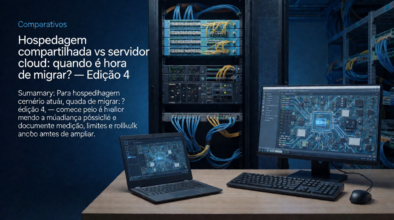 Capa editorial local sobre comparativos; tema: Hospedagem compartilhada vs servidor cloud: quando é hora de migrar? — Edição 4