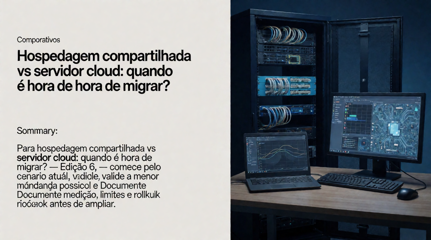 Capa editorial local sobre comparativos; tema: Hospedagem compartilhada vs servidor cloud: quando é hora de migrar? — Edição 6
