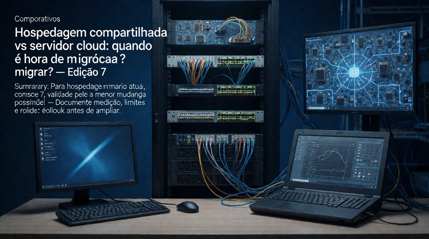 Capa editorial local sobre comparativos; tema: Hospedagem compartilhada vs servidor cloud: quando é hora de migrar? — Edição 7